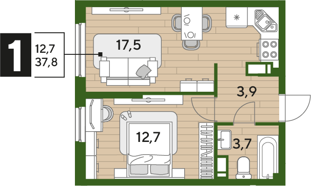 Планировка 1-комн. в ЖК «Догма Парк»