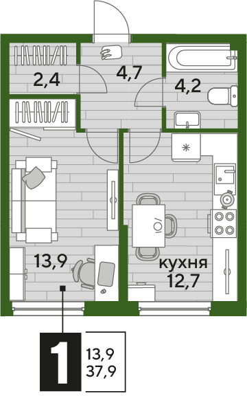 Планировка 1-комн. в ЖК «Догма Парк»