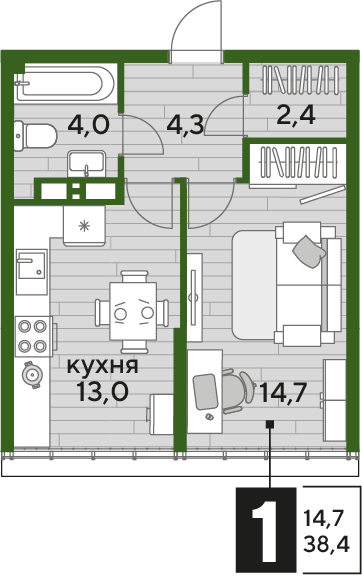 Планировка 1-комн. в ЖК «Догма Парк»