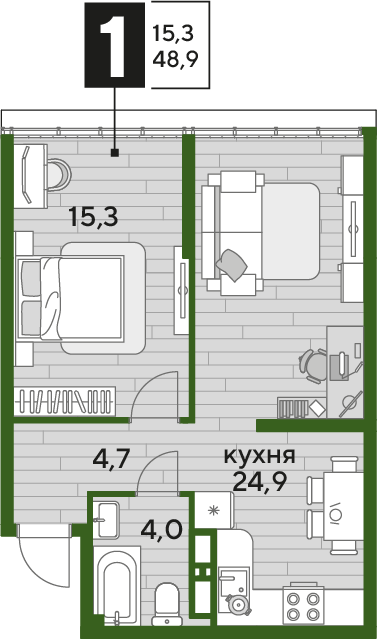 Планировка 1-комн. в ЖК «Догма Парк»