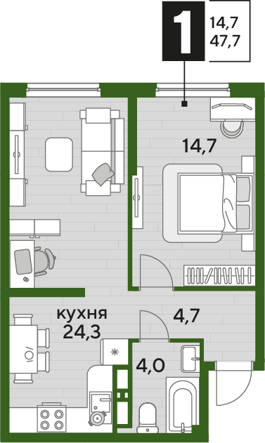 Планировка 1-комн. в ЖК «Догма Парк»