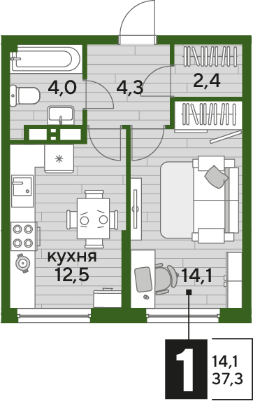 Планировка 1-комн. в ЖК «Догма Парк»