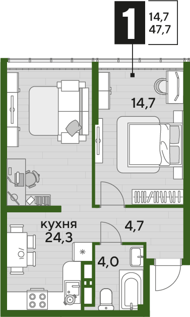 Планировка 1-комн. в ЖК «Догма Парк»