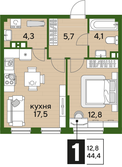 Планировка 1-комн. в ЖК «Догма Парк»