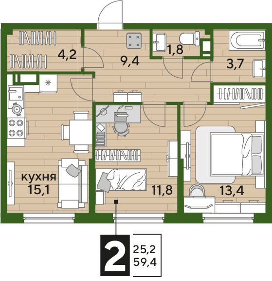Планировка 2-комн. в ЖК «Догма Парк»
