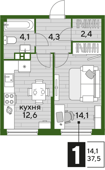 Планировка 1-комн. в ЖК «Догма Парк»