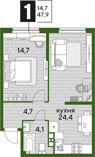 Планировка 1-комн. в ЖК «Догма Парк»