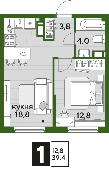 Планировка 1-комн. в ЖК «Догма Парк»