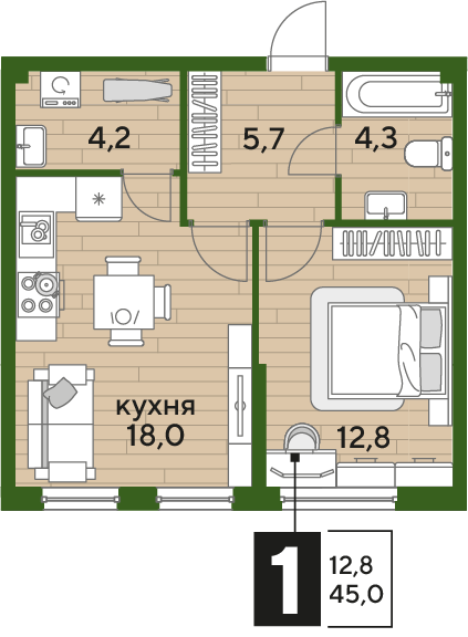 Планировка 1-комн. в ЖК «Догма Парк»