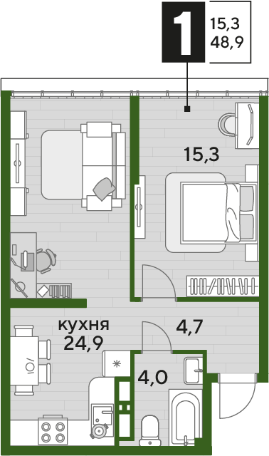 Планировка 1-комн. в ЖК «Догма Парк»