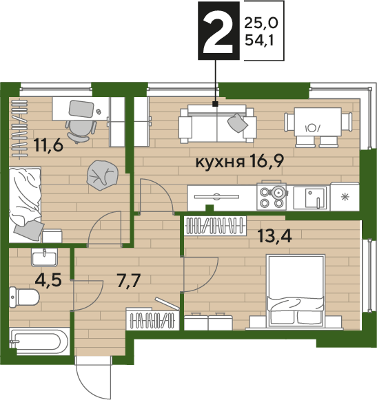 Планировка 2-комн. в ЖК «Догма Парк»