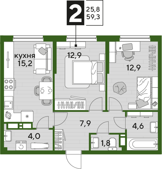 Планировка 2-комн. в ЖК «Догма Парк»