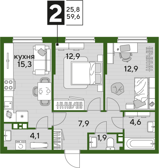 Планировка 2-комн. в ЖК «Догма Парк»
