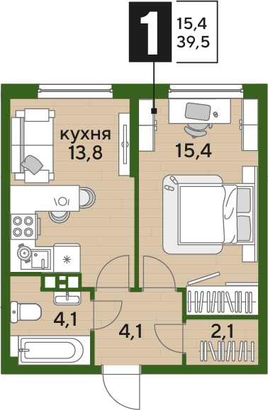 Планировка 1-комн. в ЖК «Догма Парк»