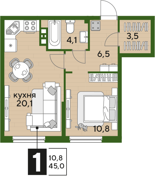 Планировка 1-комн. в ЖК «Догма Парк»