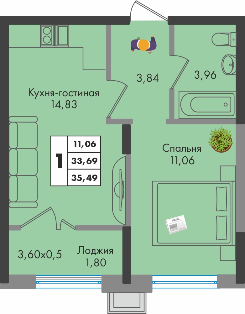 Планировка 1-комн. в ЖК «Зеленая территория»