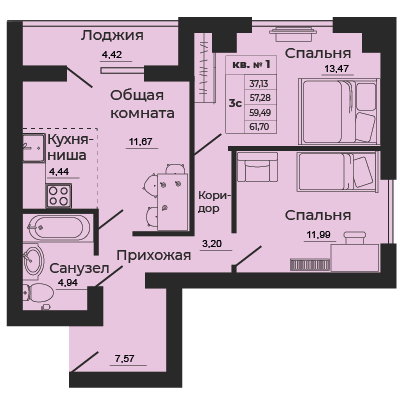 Планировка 3-евро в ЖК «Мечта»