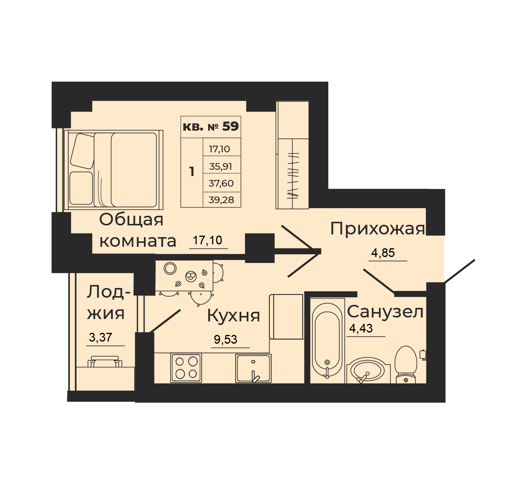 Планировка 1-комн. в ЖК «Мечта»