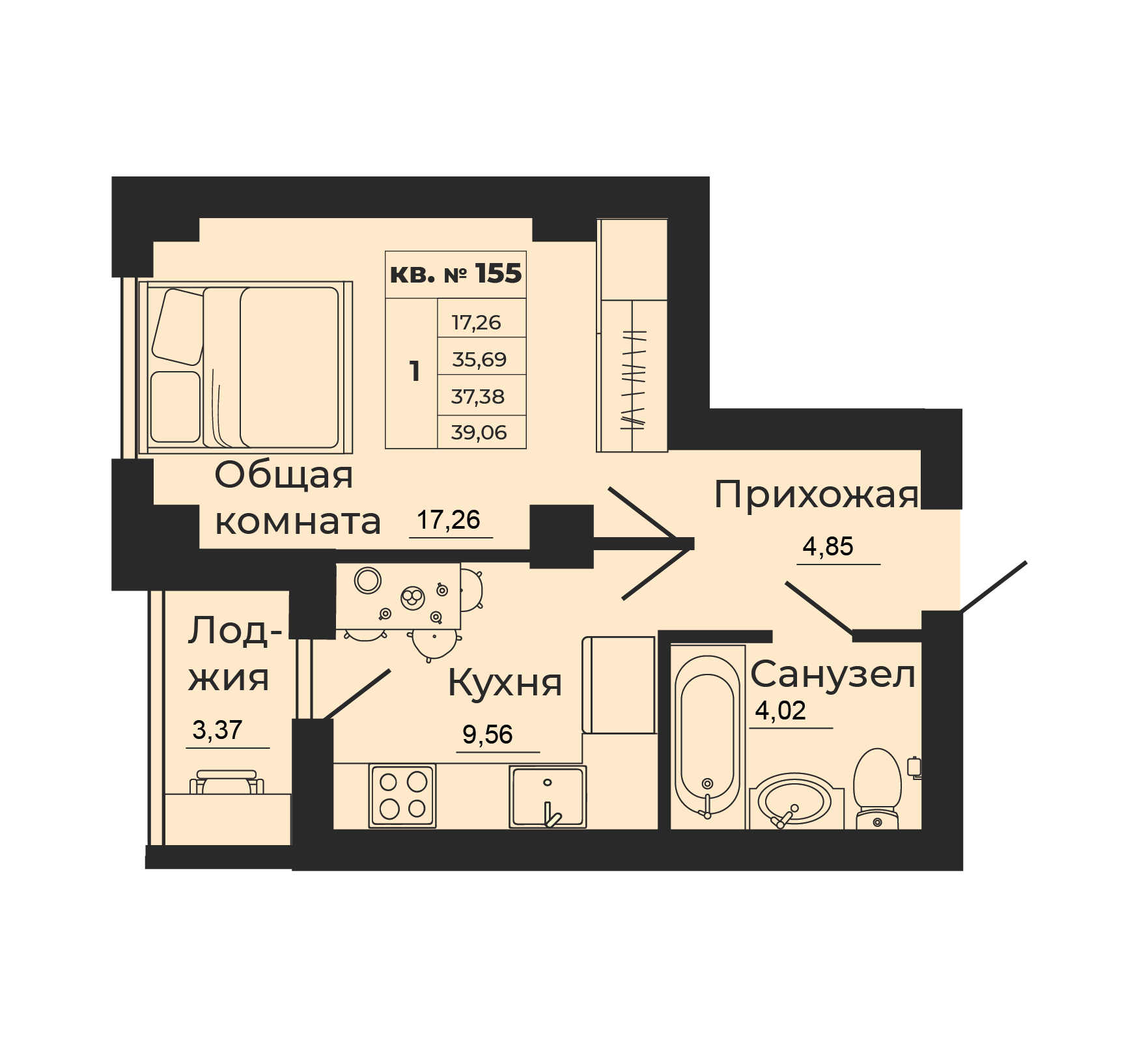Планировка 1-комн. в ЖК «Мечта»