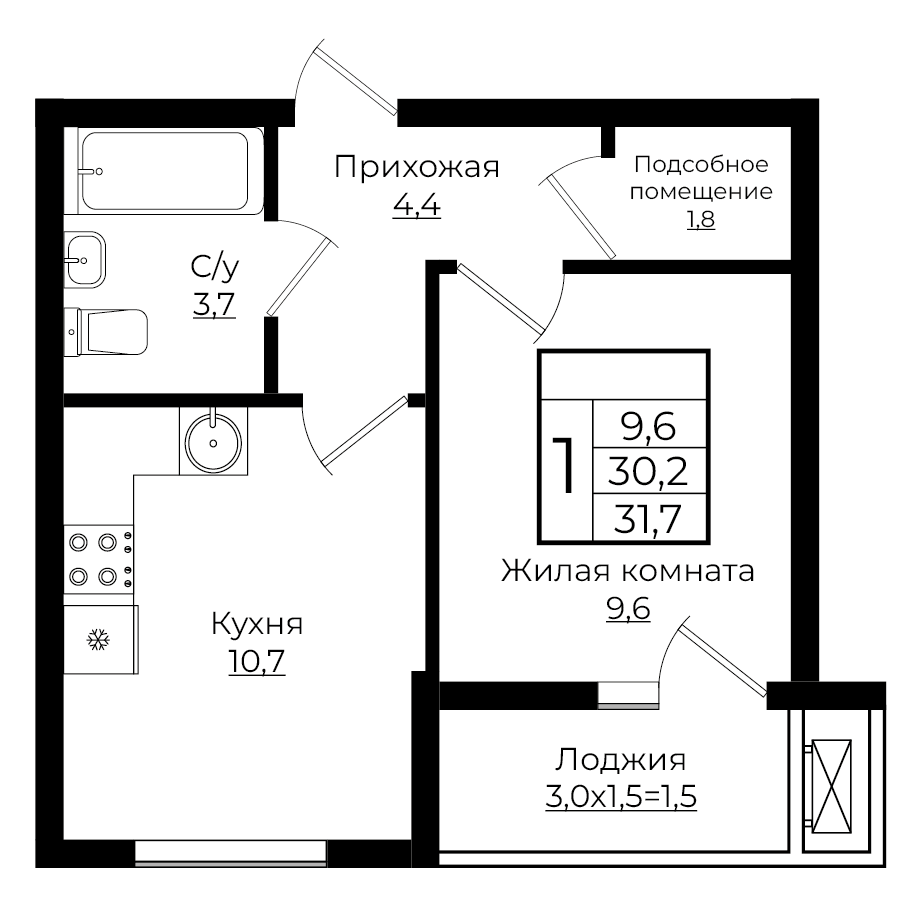 Планировка 1-комн. в ЖК «Европа-сити»