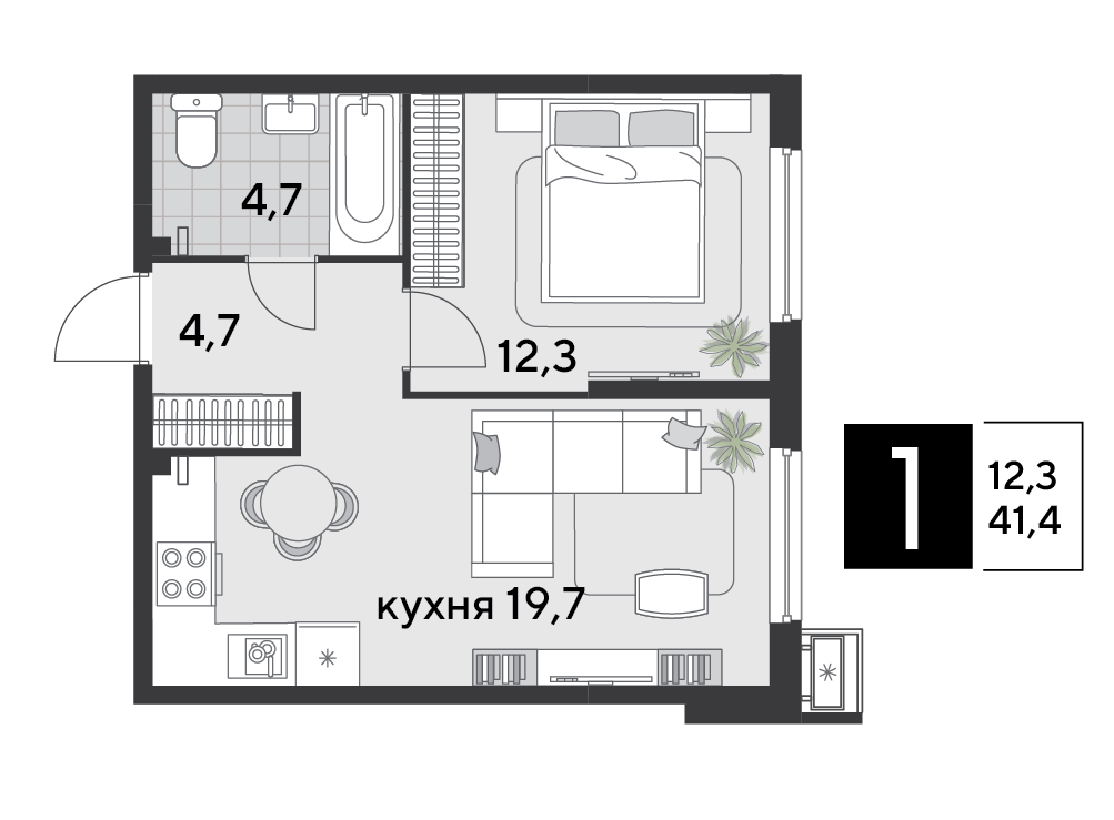 Планировка 1-комн. в ЖК «Парк Победы-2»