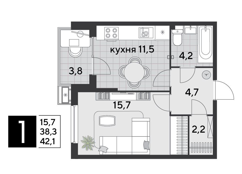 Планировка 1-комн. в ЖК «Парк Победы-2»