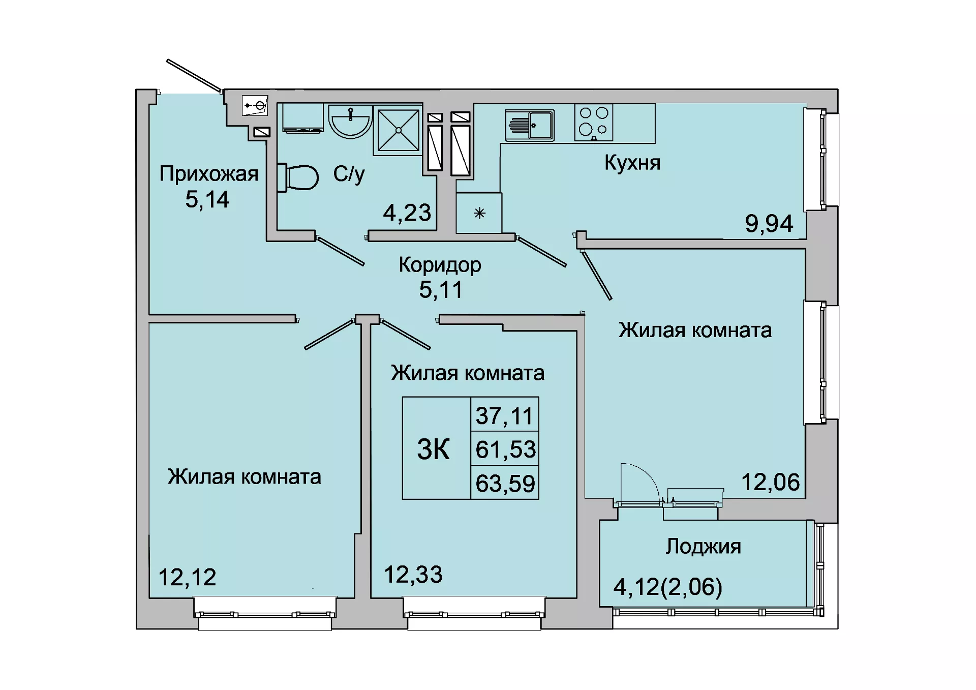 Планировка 3-комн. в ЖК «Булгаков»