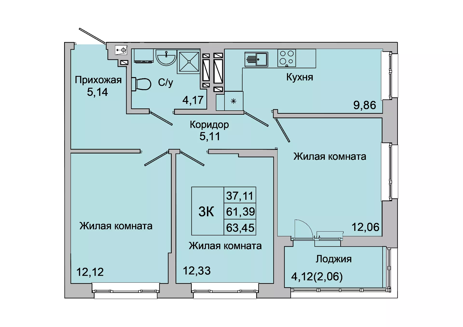 Планировка 3-комн. в ЖК «Булгаков»