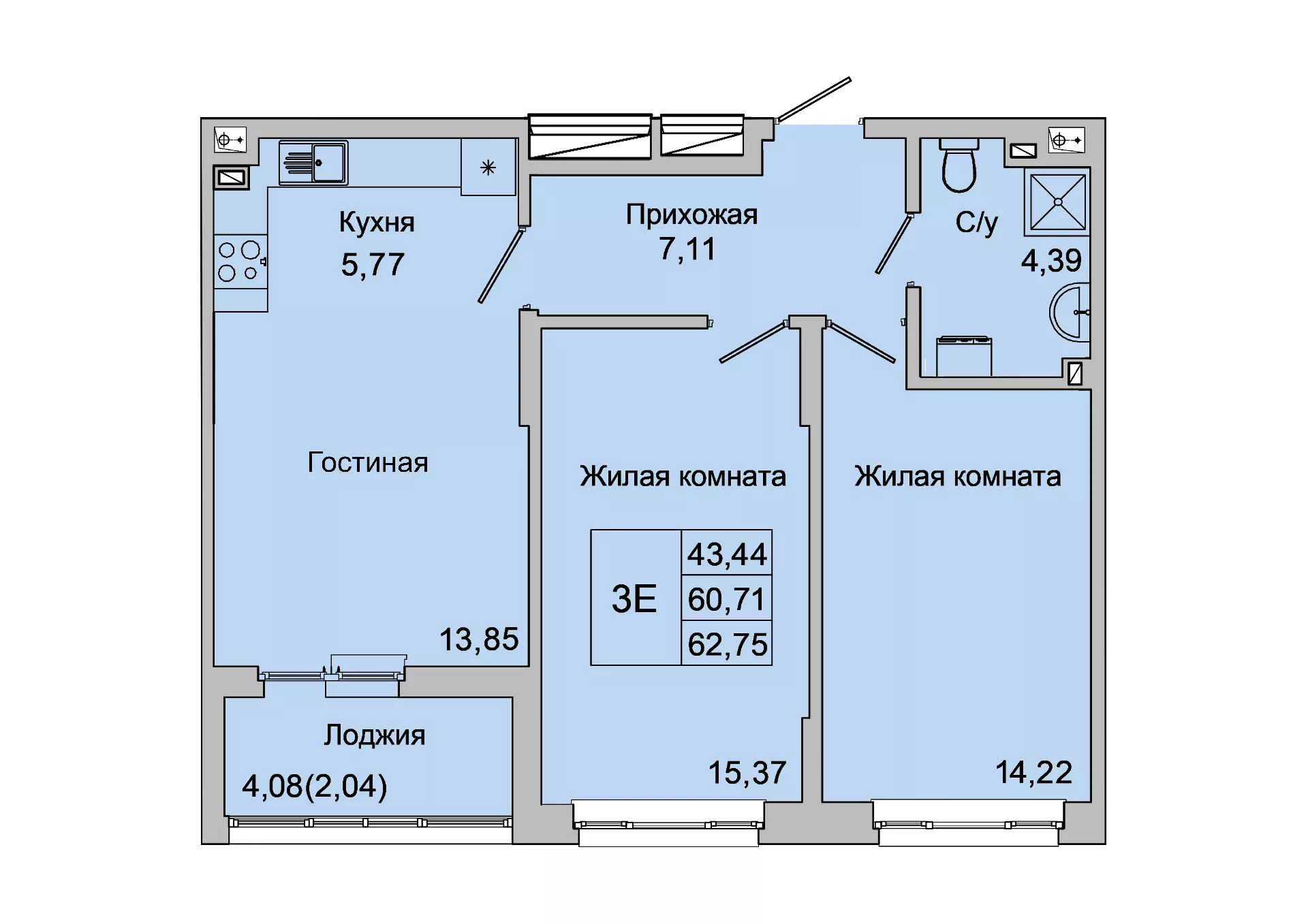 Планировка 3-евро в ЖК «Булгаков»