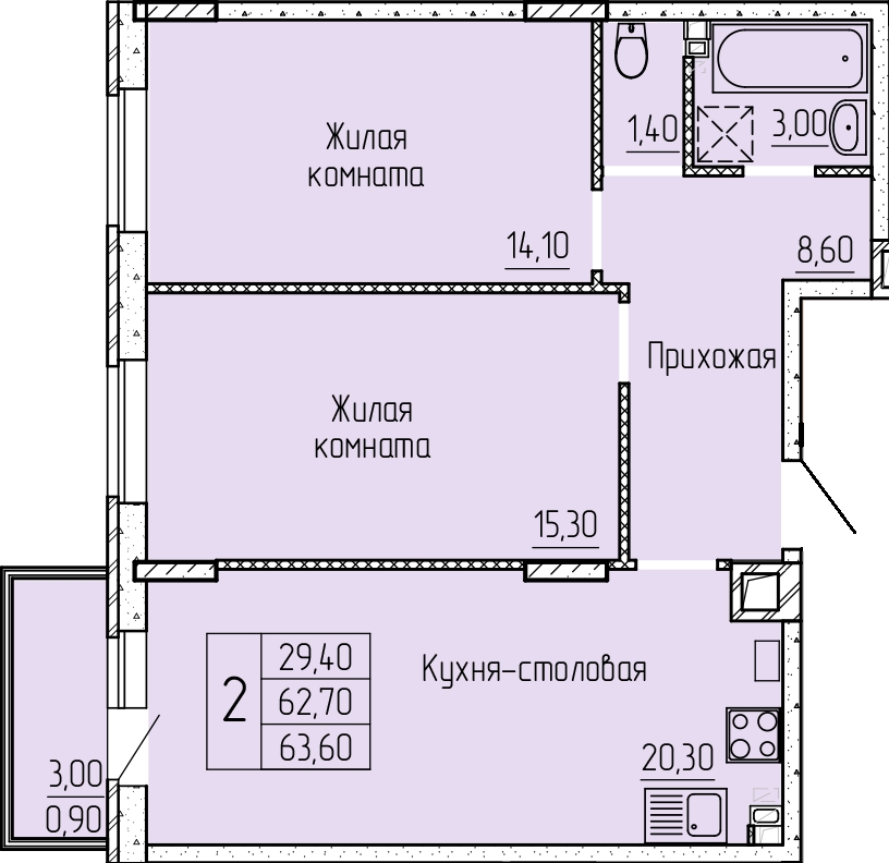 Планировка 2-комн. в ЖК «Прибрежный»