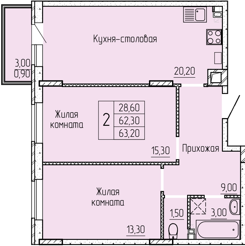 Планировка 2-комн. в ЖК «Прибрежный»