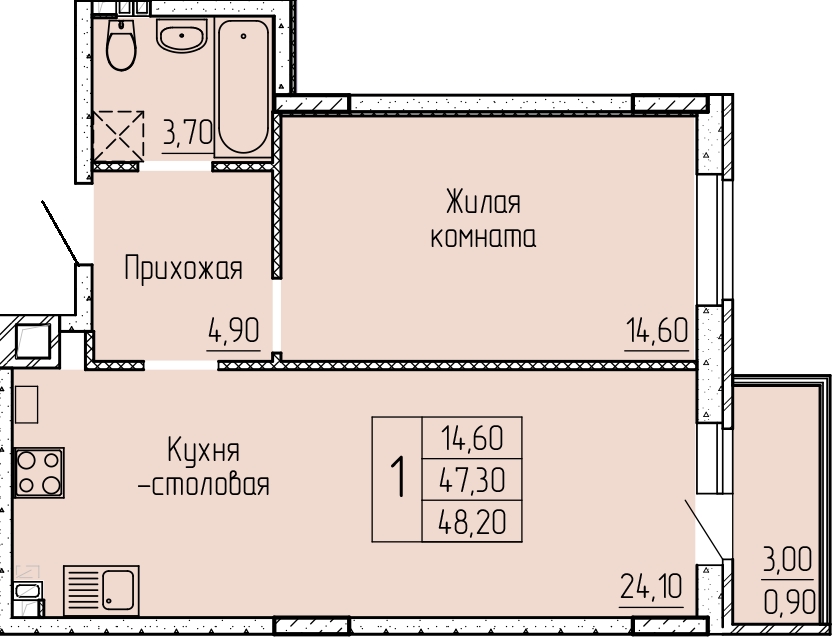 Планировка 1-комн. в ЖК «Прибрежный»