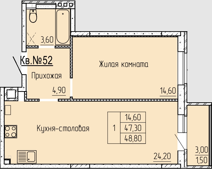Планировка 1-комн. в ЖК «Прибрежный»