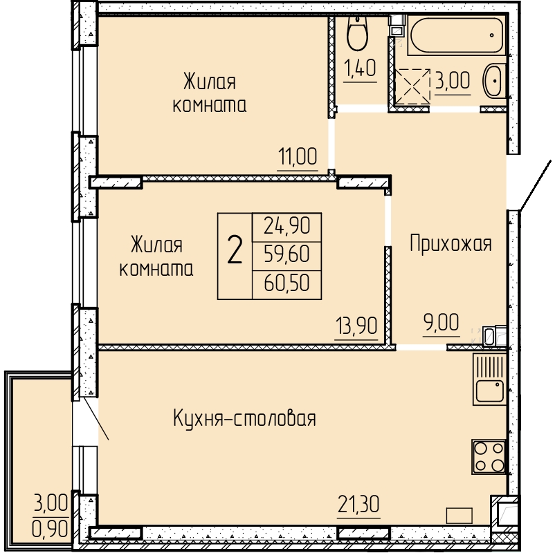 Планировка 2-комн. в ЖК «Прибрежный»