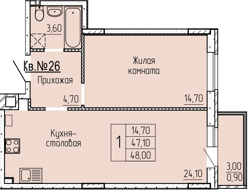Планировка 1-комн. в ЖК «Прибрежный»