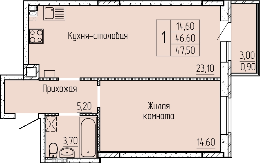 Планировка 1-комн. в ЖК «Прибрежный»