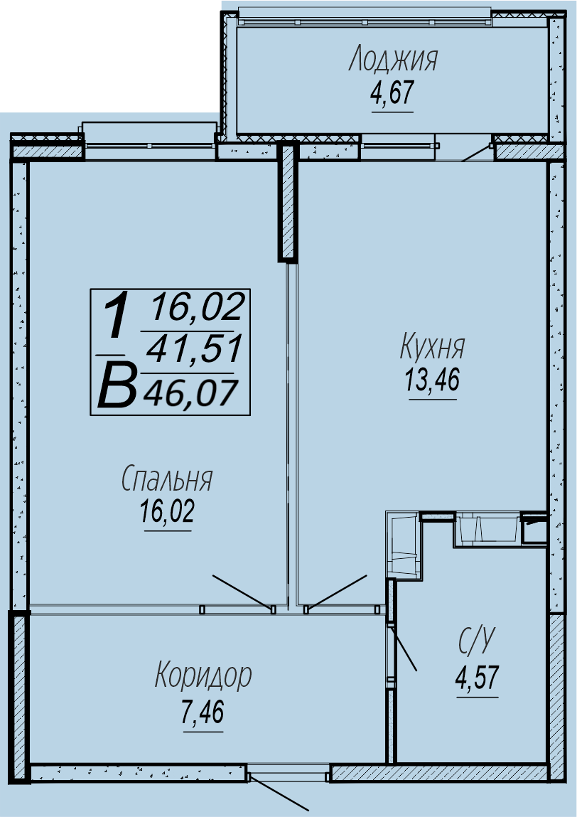Планировка 1-комн. в ЖК «Спутник»