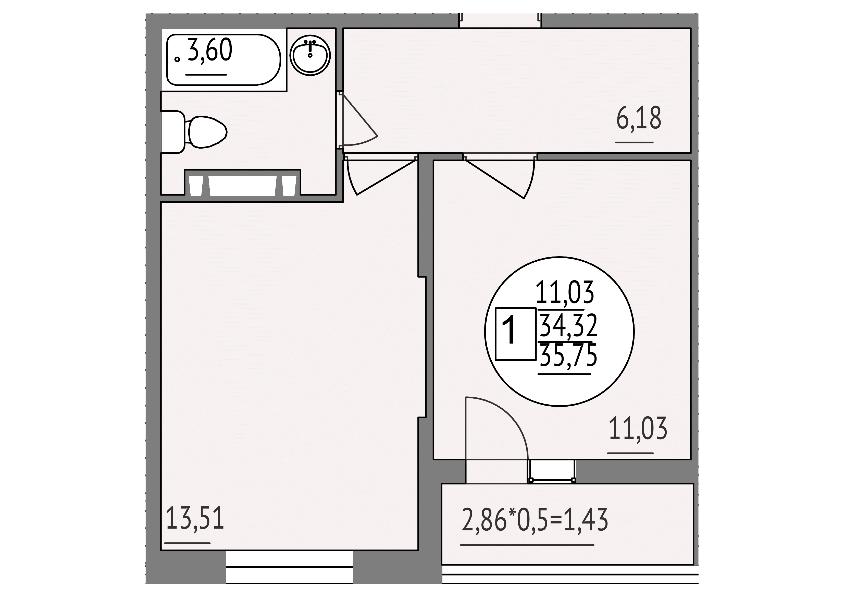 Планировка 1-комн. в ЖК «Друг»