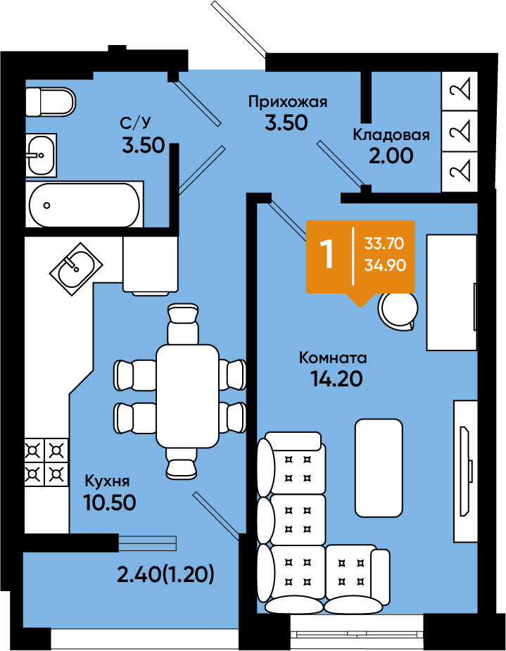 Планировка 1-комн. в ЖК «Авиа Парк»
