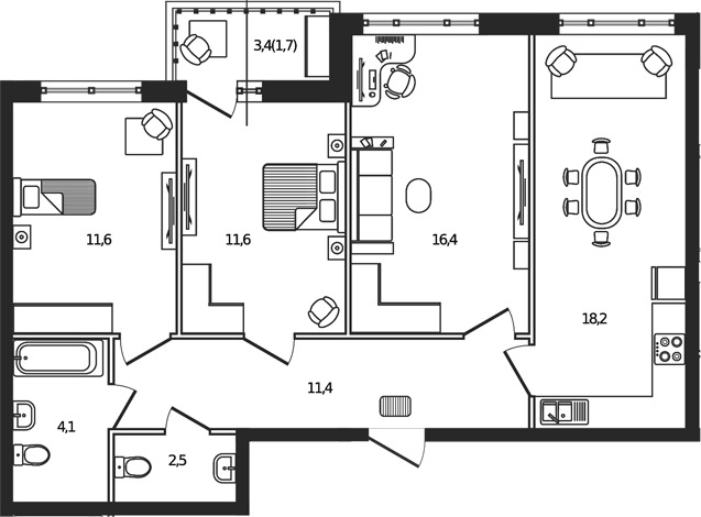 Планировка 3-комн. в ЖК «Сиреневый Бульвар»