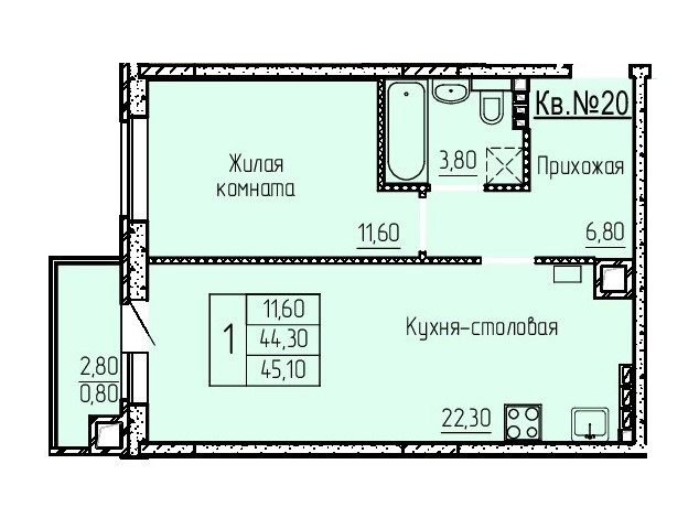 Планировка 2-евро в ЖК «Прибрежный»