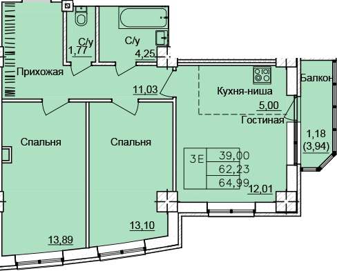 Планировка 3-евро в ЖК «Созвездие»