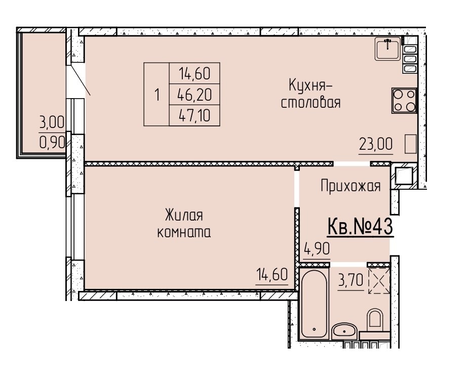 Планировка 2-евро в ЖК «Прибрежный»