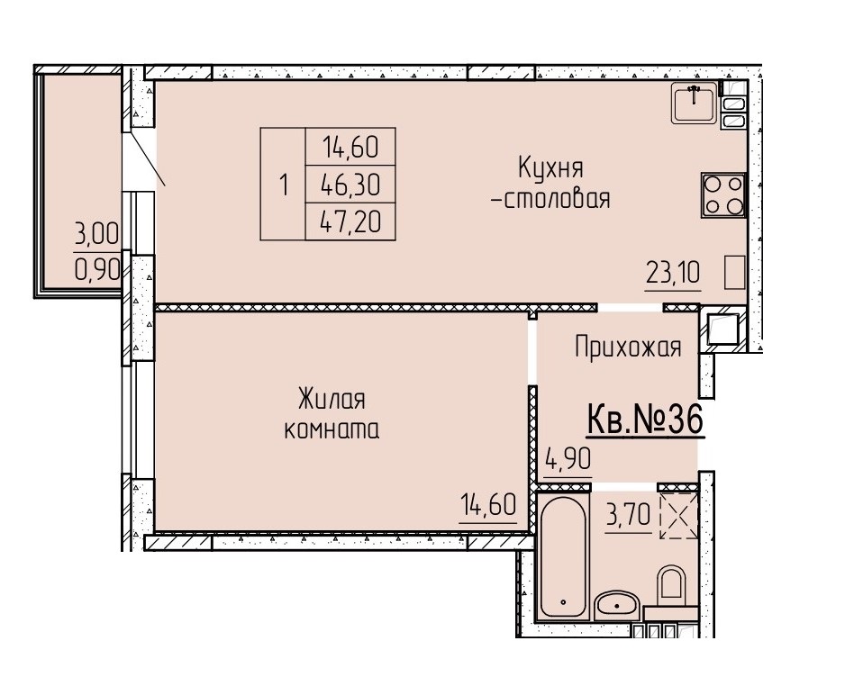 Планировка 2-евро в ЖК «Прибрежный»