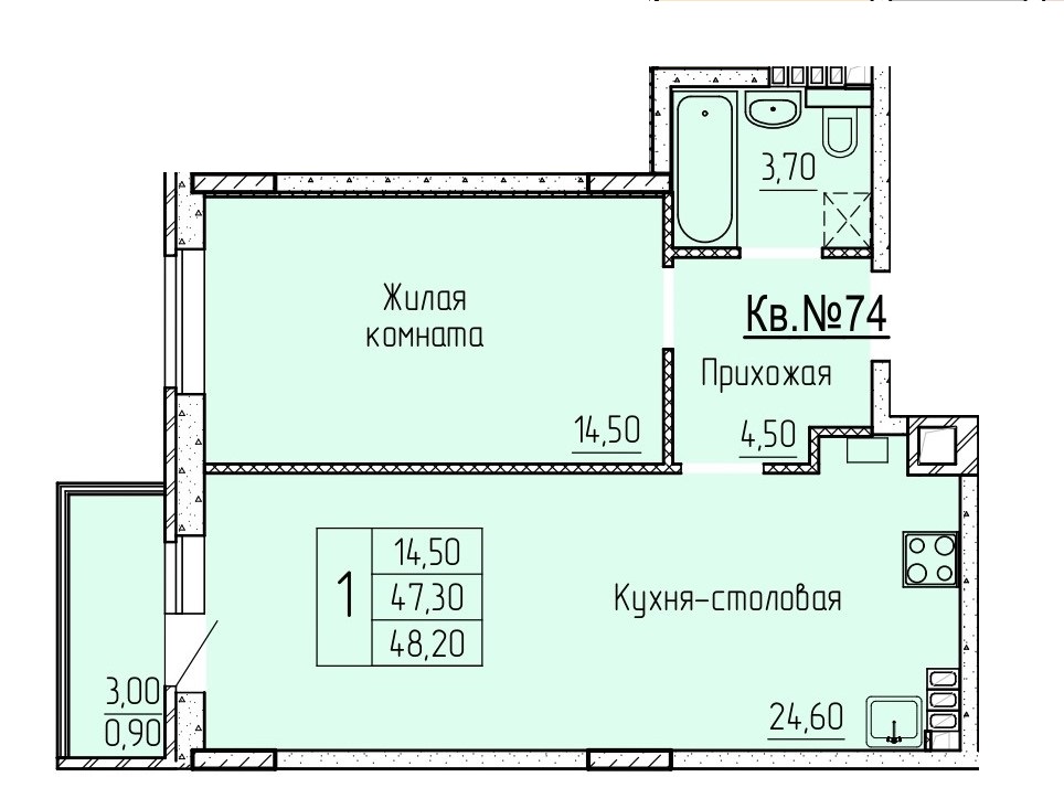 Планировка 2-евро в ЖК «Прибрежный»