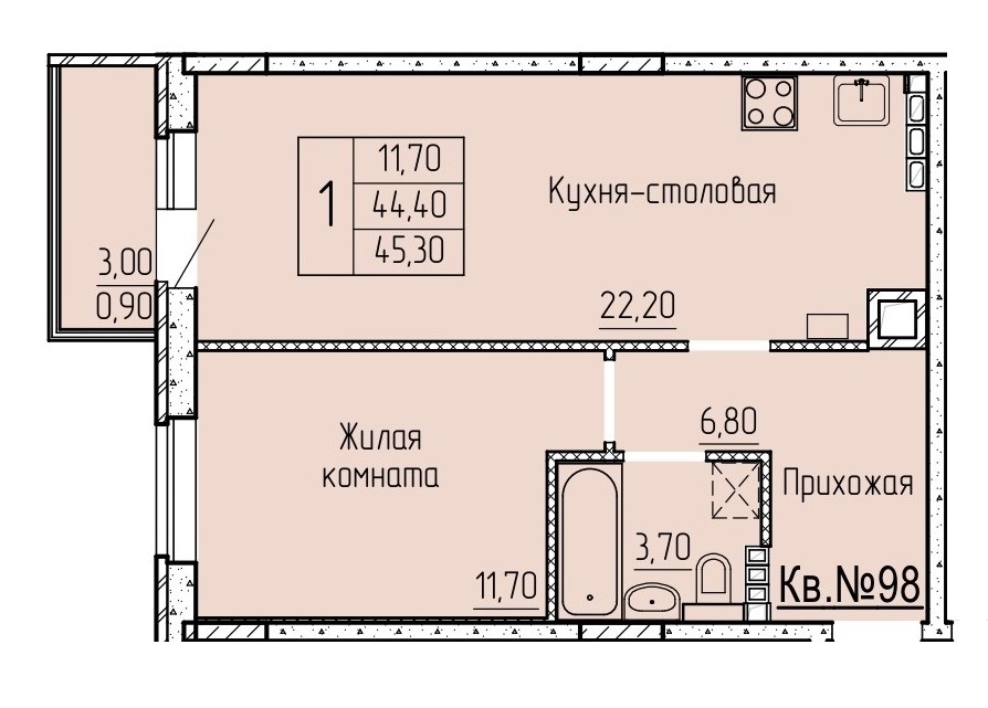 Планировка 2-евро в ЖК «Прибрежный»