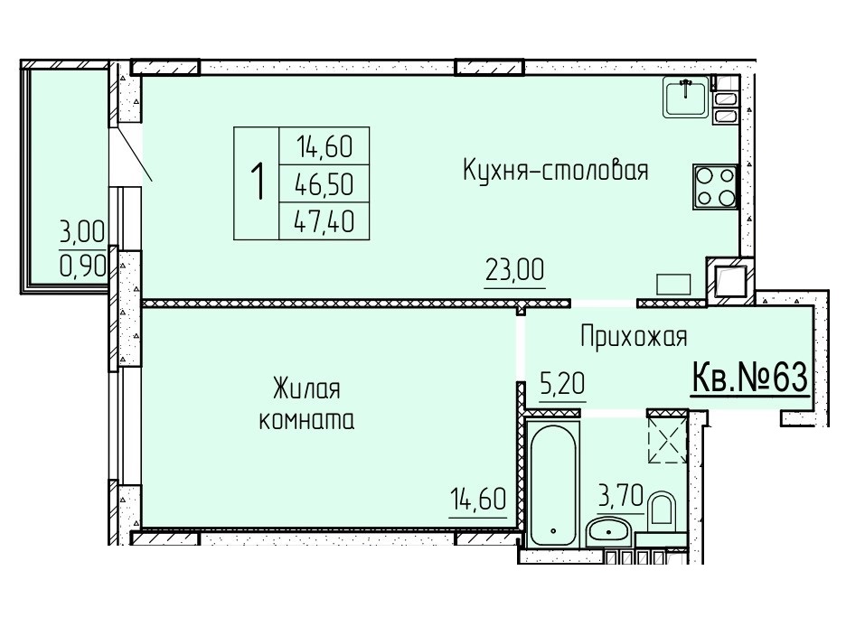 Планировка 2-евро в ЖК «Прибрежный»