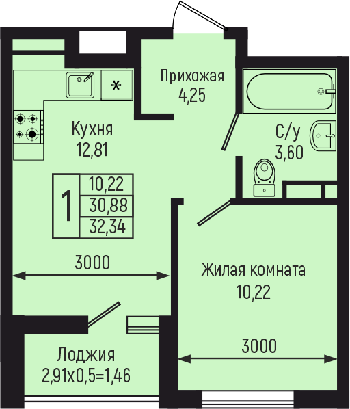 Планировка 1-комн. в ЖК «Botanica Hills»