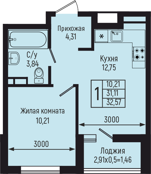 Планировка 1-комн. в ЖК «Botanica Hills»