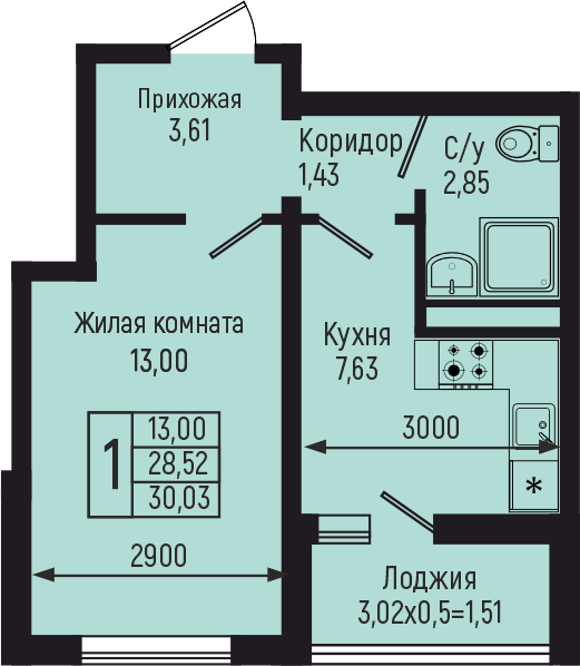 Планировка 1-комн. в ЖК «Botanica Hills»
